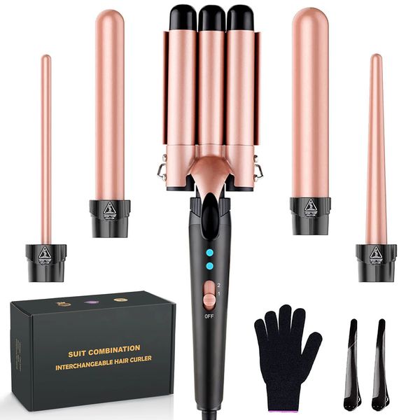 5 em 1 Hair Waver Curling Iron3 Bair Crimper com aquecimento rápido Up Up 0,4-1,25 polegadas Crimper Wand Wand Redler para todos os tipos de cabelo 240429