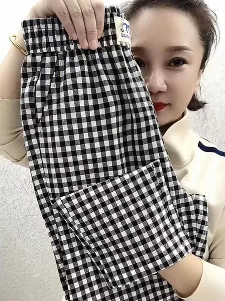 Frauenhose Baumwolle Leinen lässige lockere Vintage Plaid Harem Harajuku Frau 2024 Hosen Elastics High Taille Koreanisch gerade Straight