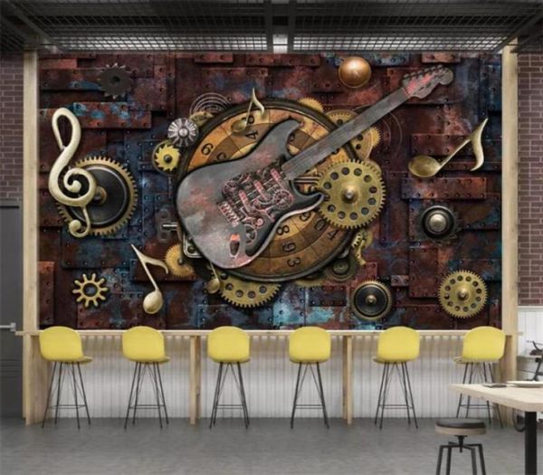 Wallpaper murale personalizzato Copritura di ingranaggi di metallo retrò Note musicali bar per chitarra ktv sfondo decorazione della decorazione di pittura3212929902