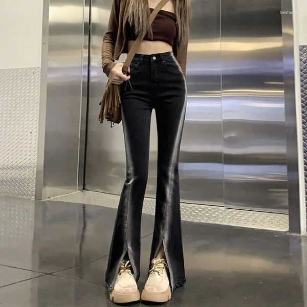 Jeans feminino dividido flare feminino outono de moda coreana de alta cintura garotas senhora senhora de jeans slim calça calça u113