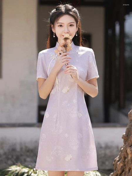 Этническая одежда стиль маленькая артистическая девушка улучшила Cheongsam Spring и Summer Purple Daily Hunming