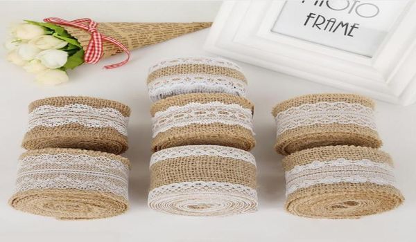 2Meterpcs Larghezza 5 cm Burlap rotoli di baramia con il nastro di sede con decorazione per matrimoni rustica in pizzo