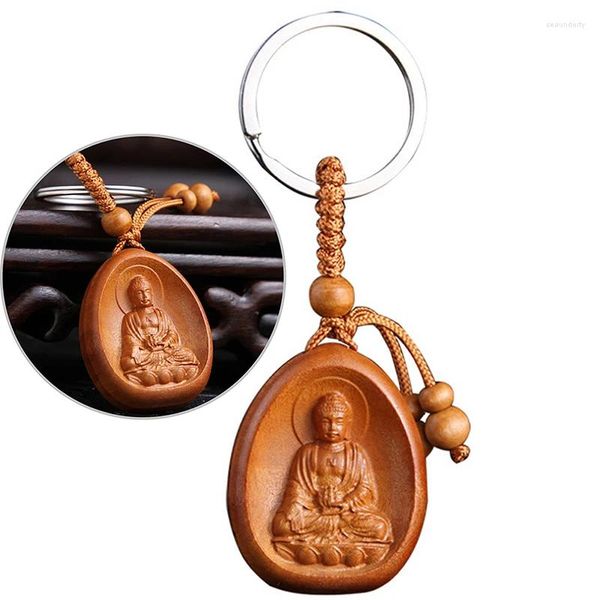 Chaveiros 1pc de escultura de madeira buda pingente chaveiro lucky jóias fivela unissex Keyring chinês para porta -chaves do carro