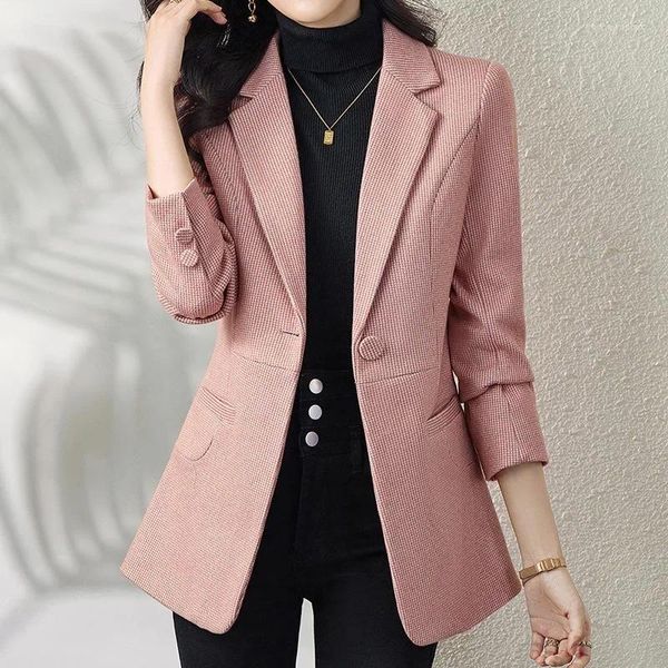 Frauenanzüge S-3xl Frauen Blazer Jacke prüfen Plaid dicker Slim Frühling Herbst Casual Office Arbeit Plus Größe Pink Gelbblau