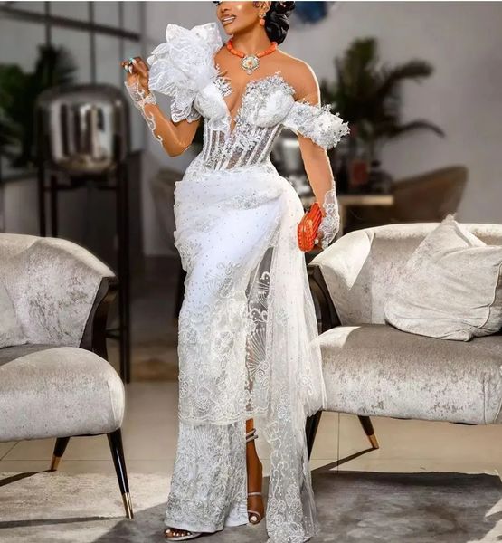 ASO EBI Spitze Luxus Abendkleider Langarm ein Schulter -Abschlussball Kleid Perlen Bühnenlänge Promi -Partykleid Elegante Frauenempfangsempfangsanlass Verschleiß