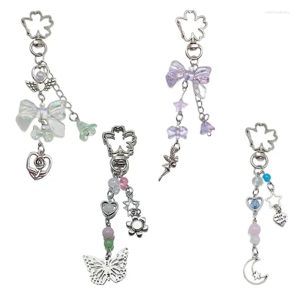 Keychains handgefertigte Perlen Keychain Bowknot Stern Herz Moon Blütenschlüsselringanhänger Ornament Charm für Telefone und Brieftaschen