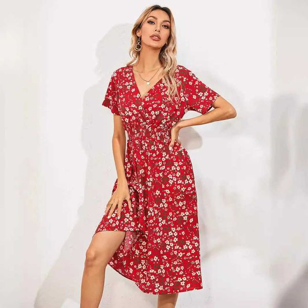 Basic Casual Kleider 2018 Chiffon Sommerkleid Vintage Red Flower Print Womens Leisure V-Ausschnitt Kurzarm A-Line Beach Hosen Kleid Q240430