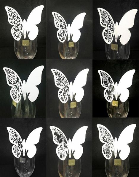 50pcslot White Butterfly Laser Table Mark Mark Wine Glass Nome do lugar Cartões de casamento Birthday Baby Chuveiro Festa de Natal Y76480573