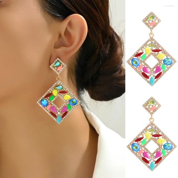 Brincos de resina Multicolor Crystal Square Drop Big Drop For Women Boho Tend