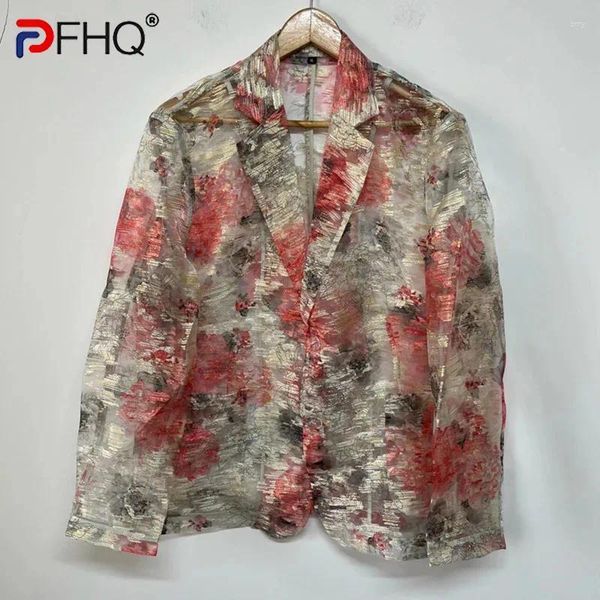 Ternos masculinos Pfhq Jacquard Organza masculino Blazer sexy Sexy Print Print colorido protetor solar colorido Jackets casuais 21z4556