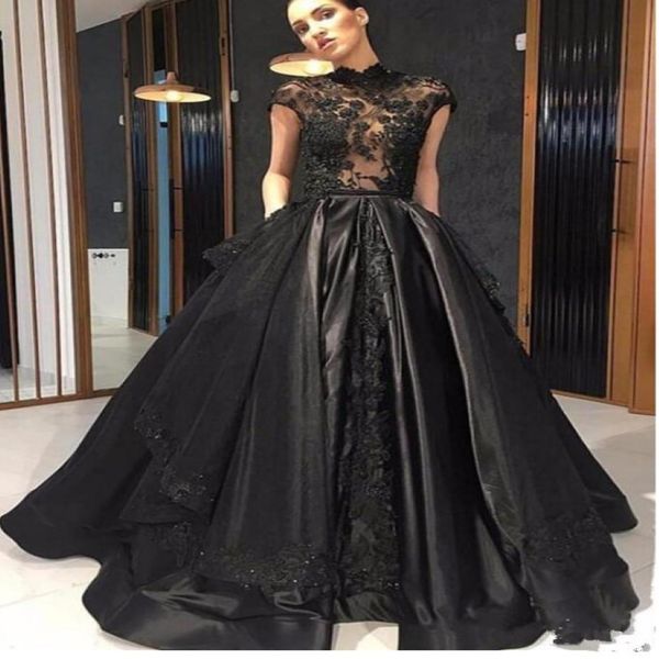 Vintage Black Gothic Brautkleider 2019 Hochhalshülsen Illusion Top Perlen Spitzen Satin Nicht weiße Brautkleider Couture Custom Made 296R