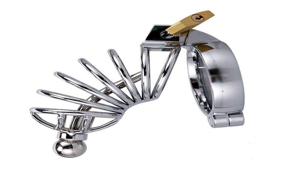 Edelstahl -Gerät Langer Käfiggürtel mit Urethral Dilator Plug männlicher Vogelkäfig Penis Hahn Lock Bondage Sex Toy Y1907164937248