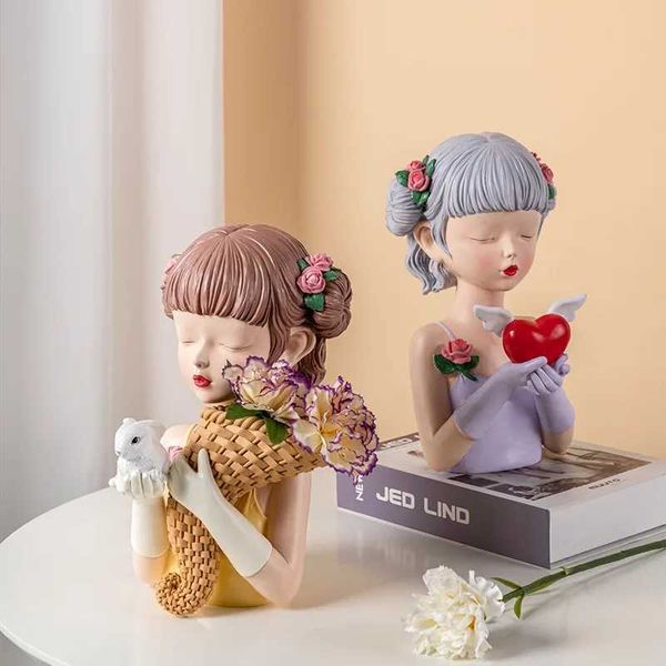 Oggetti decorativi Figurine Modern Girl Vase Hold Rabbit Heart Room Decoration Accessori toeletta da toeletta State Statue Scultura Gift Birthday T240505