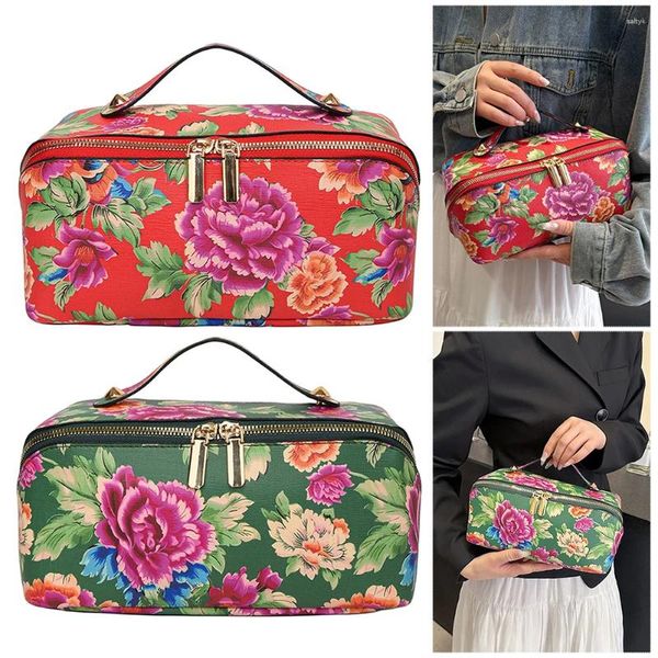 Sacchetti cosmetici in stile cinese Northeast Big Flower Vintage Makeup Borse PU PETH con busta da viaggio per donne