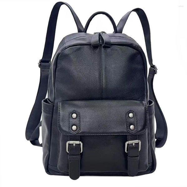 Bolsa escolar Backpack de couro genuíno preto Mulher casual Cow Bagpack Anti -roubo Ladies Double Shouder Bag