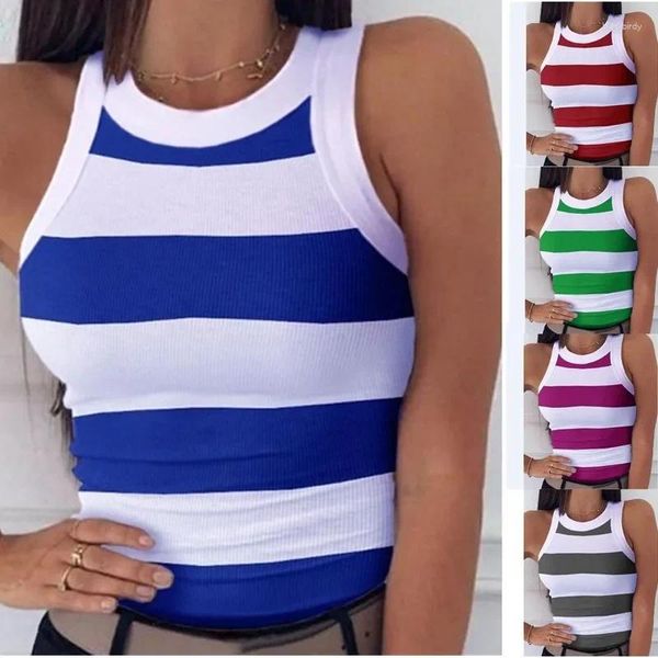 Tank da donna Summer Basic Elastic Top Top Digital Printing T-shirt O Neck Racerback Sexy Stripe Stampa senza maniche