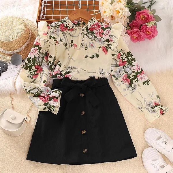 Roupas conjuntos de roupas infantis para meninas para meninas Primavera outono 2024 Criança de manga longa Tops de estampas florais Saias de cinto preto