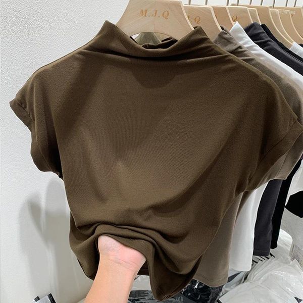 Camas femininas Summer Half Turtleneck S 2024 Solid Solid Sleesess Casual Modyable Bottom Basic Basic Tops