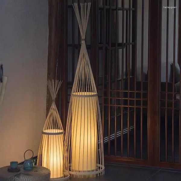 Stehlampen für Wohnzimmer Moderne E27 handgewebte Bambuslampe Vintage japanische Schlafzimmer Dachblättere Standardleuchten