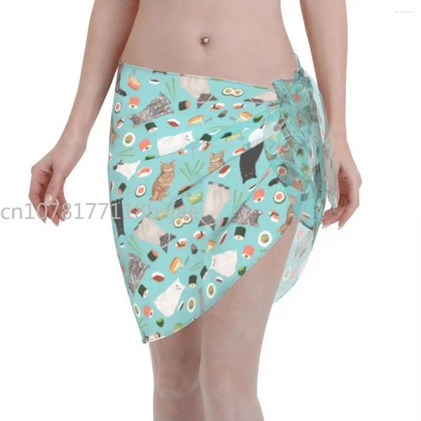 Donne di sushi per gatti coprono il costume da bagno in chiffon in chiffon pareo sarong beachwear wa