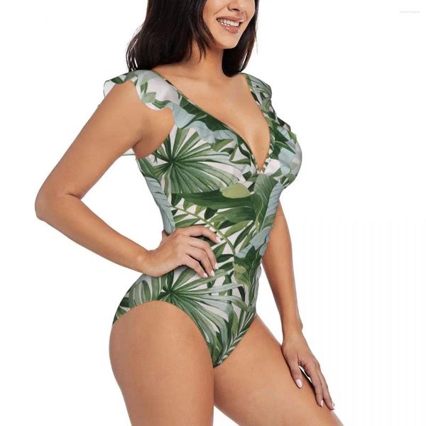 Frauen Badebekleidung Rüsche 2024 Frauen sexy ein Stück Badeanzug weibliche Palmbanane Blatt weiß grüne tropische Monokini Badeanzug Strandbekleidung