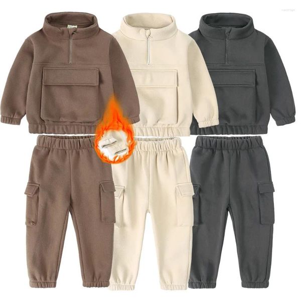 Set di abbigliamento per bambini autunno/inverno bambini addensano felpe in pile pantaloni 2 pezzi set ragazze pullover tasca