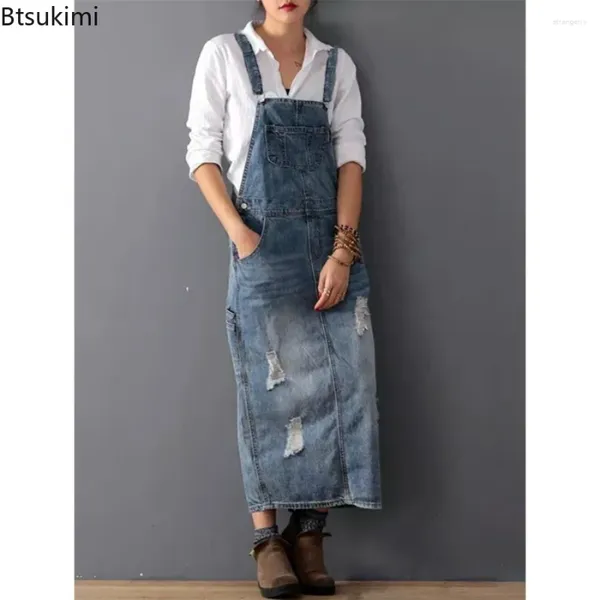 Vestidos casuais 2024 Mulheres Jeans de Jeans Suspensa Siga Size Longa Longa Verão Macacão Longo Macacão Jeans Jeans Vestidos