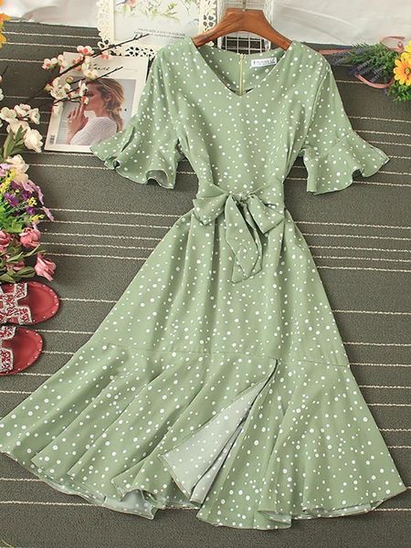 Abiti da festa donne estive blu/verde/rosa Abito a pois a pois 2024 Vintage High Waist A-Line Ladies Vestidos Verano Casual V-Neck