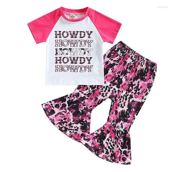 Roupas conjuntos de roupas infantil ternos femininos letra de letra contraste colorido colorida de manga curta camisetas pescoço e calças de leopardo 2pcs terno de 1 a 6 anos