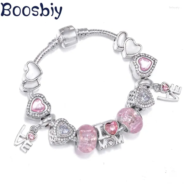 Braccialetti di fascino cuore rosa per la madre perle con amore pendente branco fai da te bracciale gioielleria che fa la mamma dono desgine