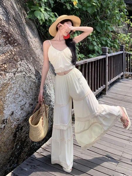 Frauen zweiteilige Hosen Sommer Beige Set Women Retro Slim Elegant Quaste Rückenless Short Slip Tops Elastic Taille Plisse Long Pant Suits