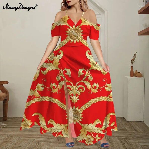 Вечеринка платья noisydesigns Женщины от плеча Maxi Boho Split Long Drufles Ruffles vestido Red Bluer Золотой цветочный Ларго Верано Мухер