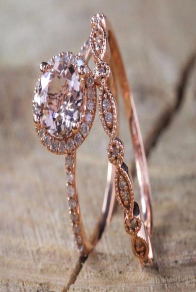 2PCSSET 2019 Luxury White Pink Stone Crystal Rings for Women Gold Color Color Wedding Noiving Rings Jóias Baçadas Dropship Pour9279855