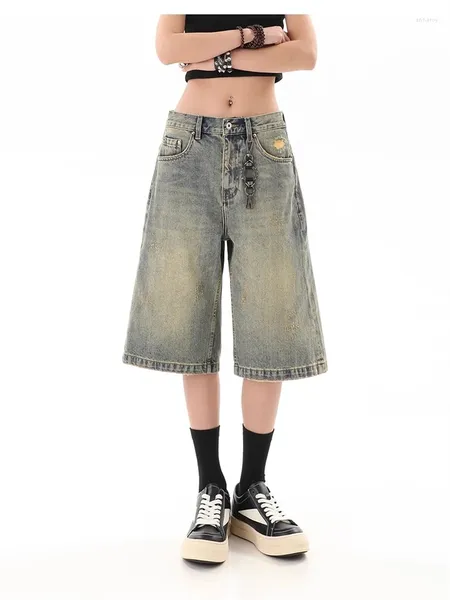 Damen -Shorts Scratch Design Retro Denim Unisex Style Wide Leg Capris Street Sommer Frauen hohe Taille Lose Kurzjeans