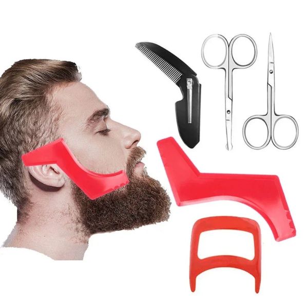 5pcs Beard Styling Suit de barba Ferramenta de cuidados com a barba Régua de modelagem de ferramentas de barba, modelador, tesoura redonda da cabeça, tesoura pontiaguda, pente