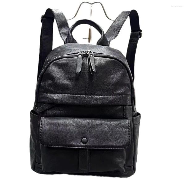 Bolsa escolar Backpack de couro genuíno preto Mulher anti -roubo feminino de vaca de vaca