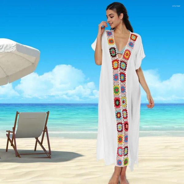 Concobrir a praia Feminina de crochê de crochê feminina Cobrir vestido para maiô de decote em V com design lateral de divisão
