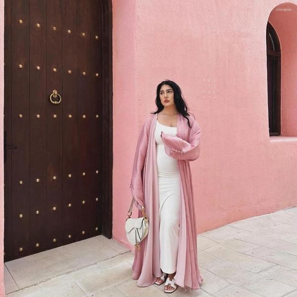Roupas étnicas verde damasco rosa aberto abaya mulher muçulmana dubai verão kaftan férias roupas 2024 vestido de manga longa malha