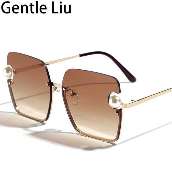 Occhiali da sole oversize semi-rimpolso da sole semi-rimugna Donne Big Frame 2024 Brand Luxury Vintage Sun Glasses For Ladies Pearls Eyewear Shades T240428