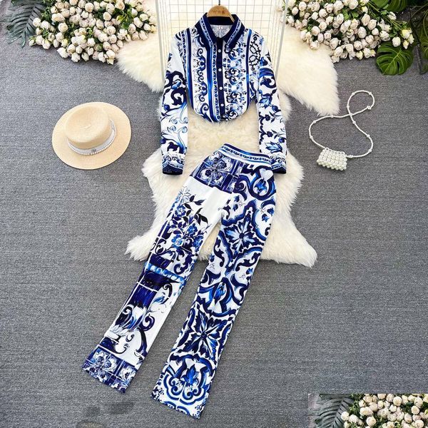 Zweiteilige Kleider Landebahn Blau und Weiß Porzellan Set Womens Revers Langarmdruck Bluse Hemden hohe Taille geschnittene Hosen Hosen Sui Dh1uu