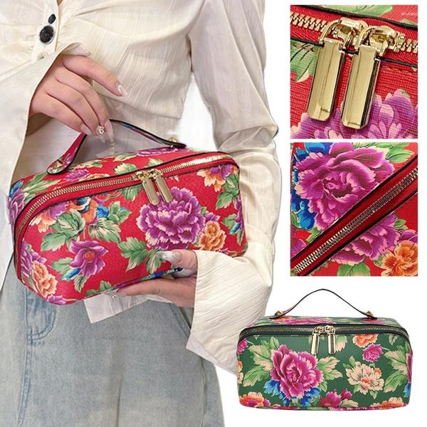 Bolsas de cosméticos estilo chinês nordeste Big Flower vintage Bag de maquiagem de grande capacidade Caso organizador de bolsas para mulheres meninas