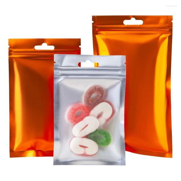 Bolsas de armazenamento 100pcs laranja alumínio folha de saco transparente penduramento ruptura de penteado bolsas de embalagem reutilizáveis de lanches de biscoito de doces