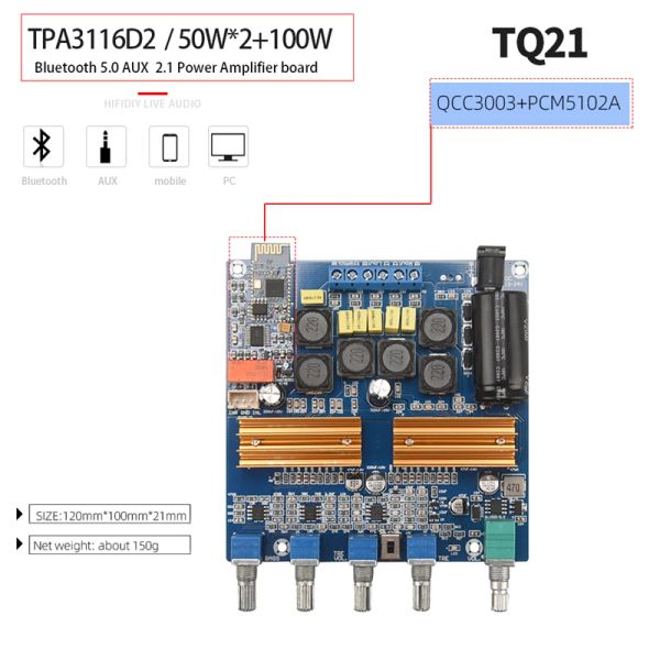 Amplifikatör TPA3116D2 Bluetooth 5.0 2.1 Kanal Güç Ses Stereo Subwoofer Amplifikatör Kart 50WX2+100W Tiz Bas Not Ayarlama AMP TC TQ21