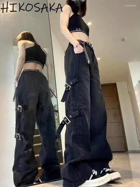 Женские джинсы Американские винтажные грузовые чернокожие женщины Летнее металлическое пояса Широкие штаны Ноги Корейский стиль уличная одежда Y2K Vaqueros 90 -е годы
