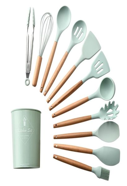 Strumenti da cucina in silicone set di cucina pala spatola con cucchiaio con manico in legno Accessori per cuocere utensili T20041527503615