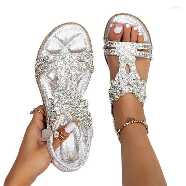 Sıradan Ayakkabı Yaz Kadınları 1.5cm Platform 2cm Kamalar Düşük Topuklu Bohem Sandalet Leydi Büyük Boy Bling Kadın Elastik Rhinestone