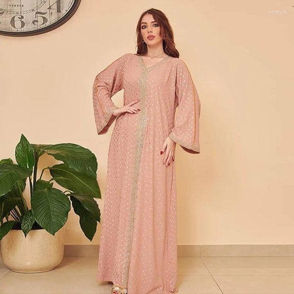 Ethnische Kleidung Jalabiya Kaftan Kleid für Frauen Dubai Türkei Golden Ribbon Trimm loser muslimischer arabischer islamischer Party Robe Marokkaner