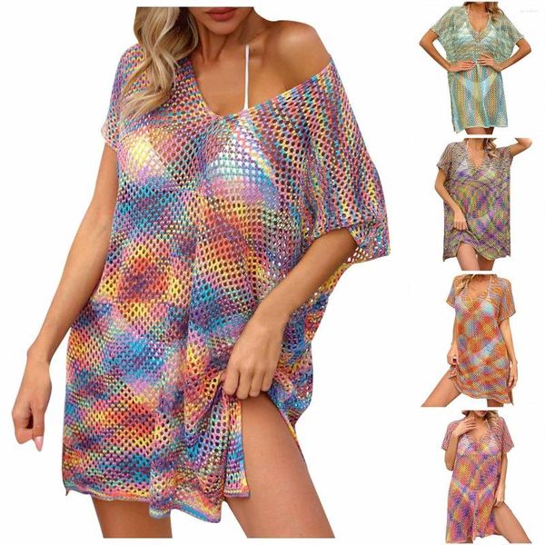 Bikini V Neck Rainbow Beach Elbise Seksi Hollow Out Tığ Örgütlü Mayo Smock Yaz Kapak Kadınlar için Beach Giyim