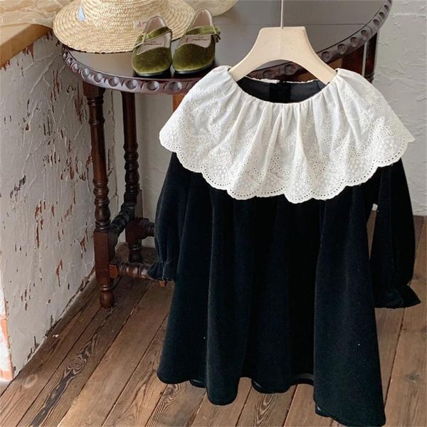 Vestidos de menina Bordado de bordado de renda branca Meninas de meninas pretas Xmas Princesa Velvet Fall Inverno Crianças 1 2 3 4 5 6 7 anos