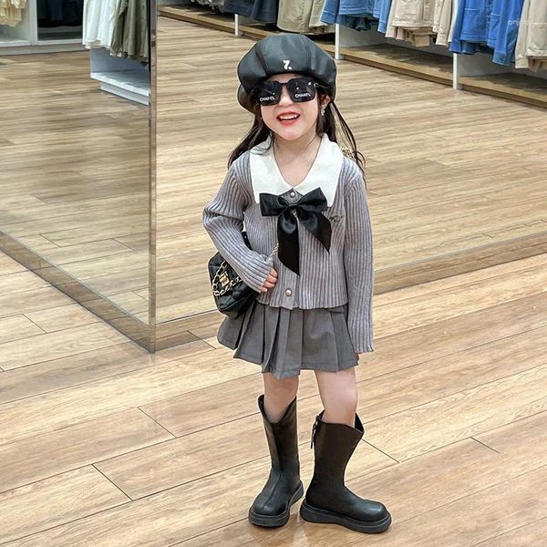Jacken Mädchen Kleidung Grau Strick Strickjacke 2024 Frühlings- und Sommertemperament Bow Copp Preppy Korean Sweet Style Kid
